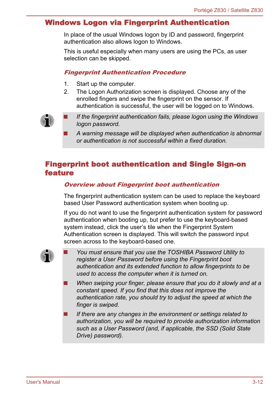 Windows logon via fingerprint authentication | Toshiba Portege Z830 User Manual | Page 49 / 136