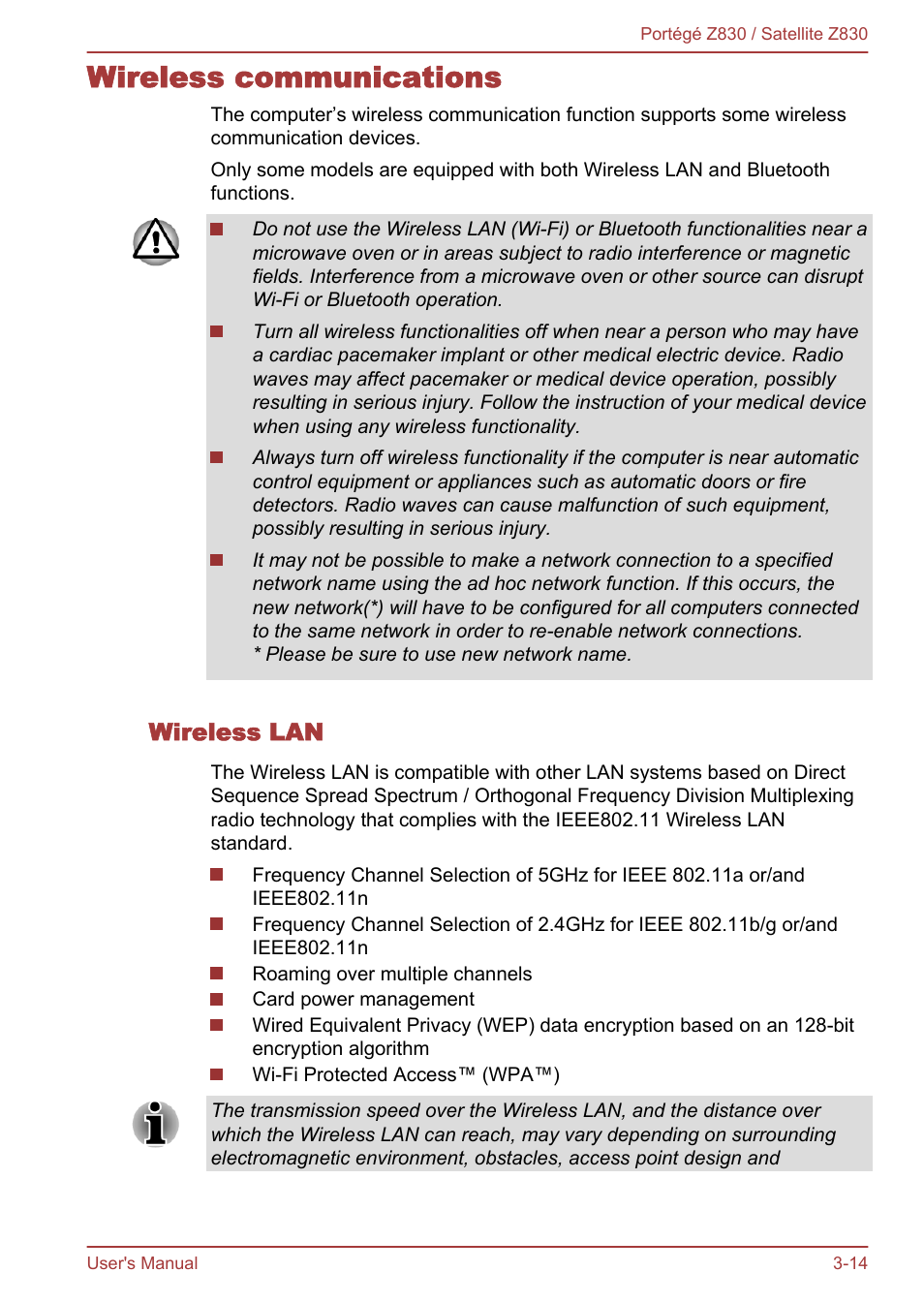 Wireless communications, Wireless lan, Wireless communications -14 | Toshiba Portege Z830 User Manual | Page 51 / 136