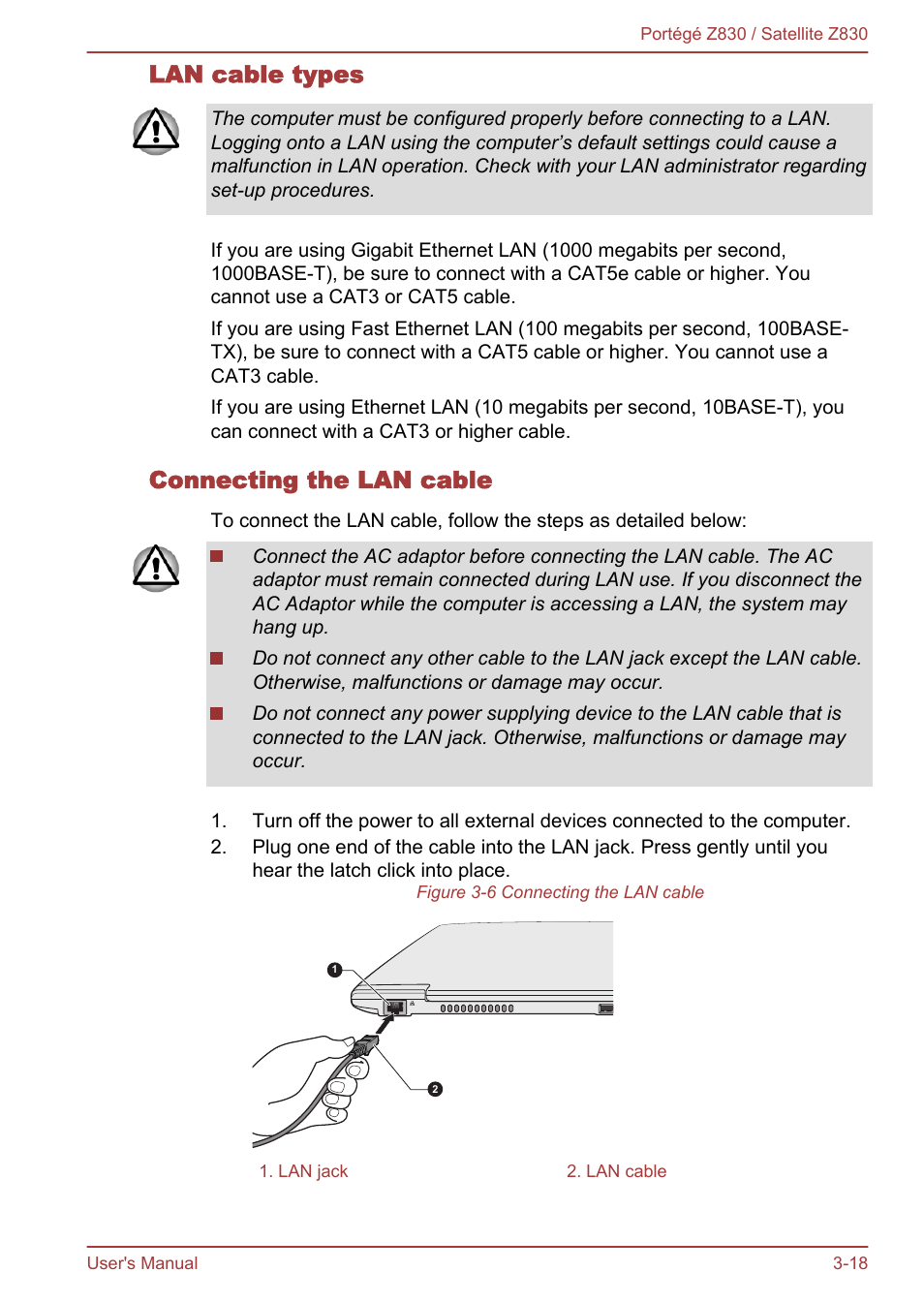 Lan cable types, Connecting the lan cable | Toshiba Portege Z830 User Manual | Page 55 / 136