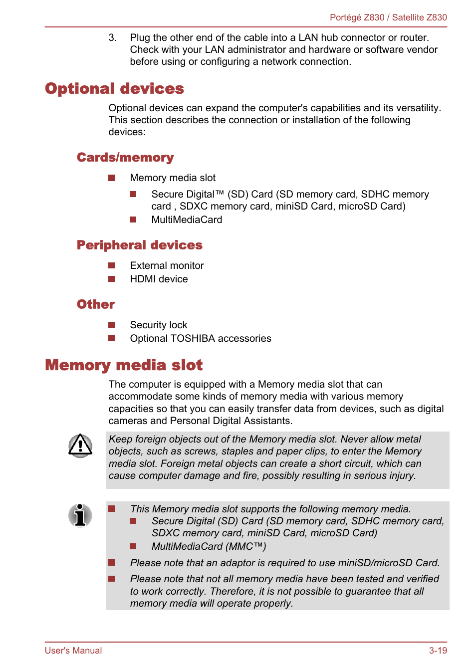 Optional devices, Cards/memory, Peripheral devices | Other, Memory media slot, Optional devices -19 memory media slot -19 | Toshiba Portege Z830 User Manual | Page 56 / 136