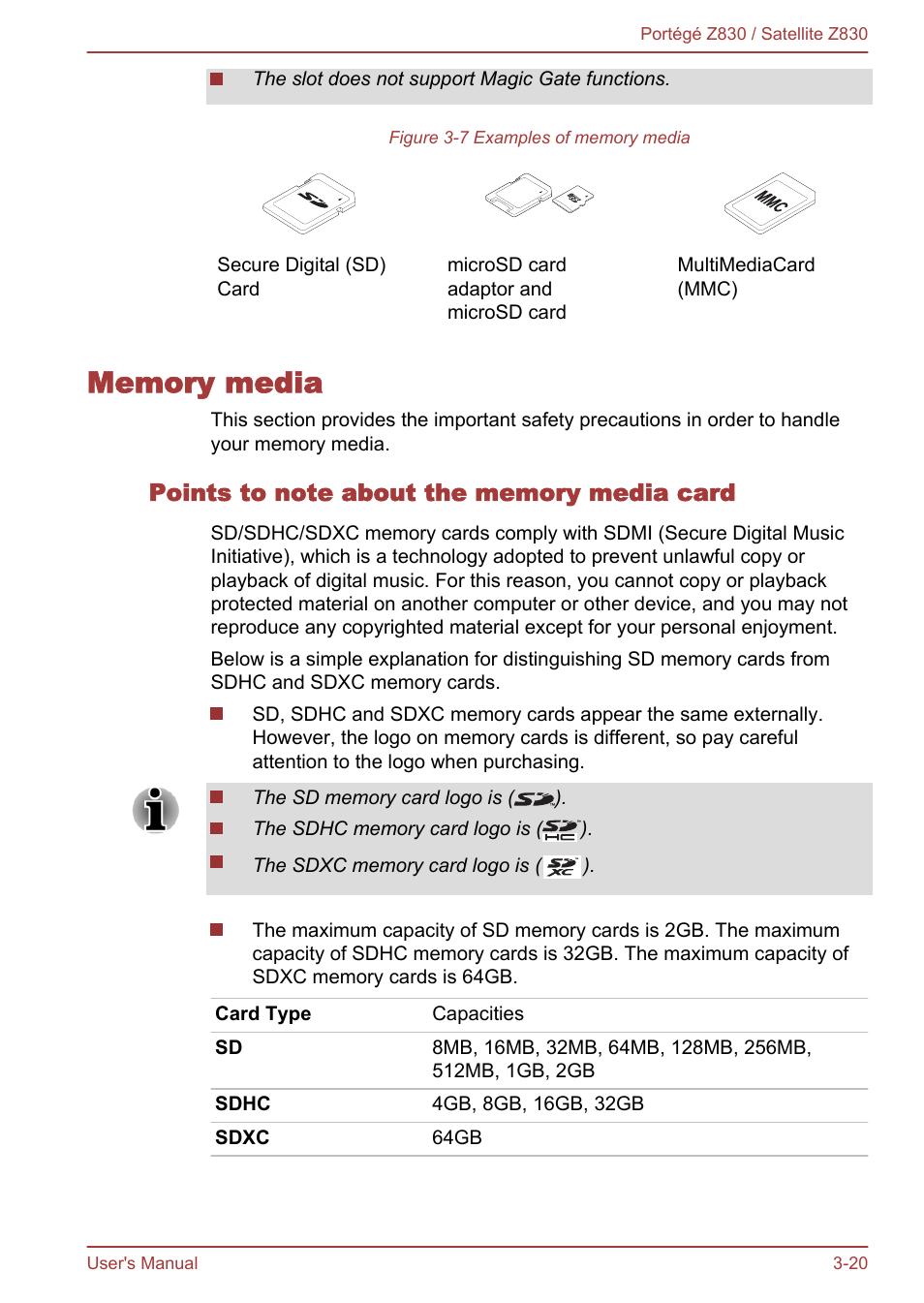 Memory media, Points to note about the memory media card, Memory media -20 | Toshiba Portege Z830 User Manual | Page 57 / 136