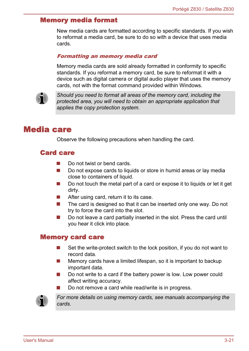 Memory media format, Media care, Card care | Memory card care, Media care -21 | Toshiba Portege Z830 User Manual | Page 58 / 136