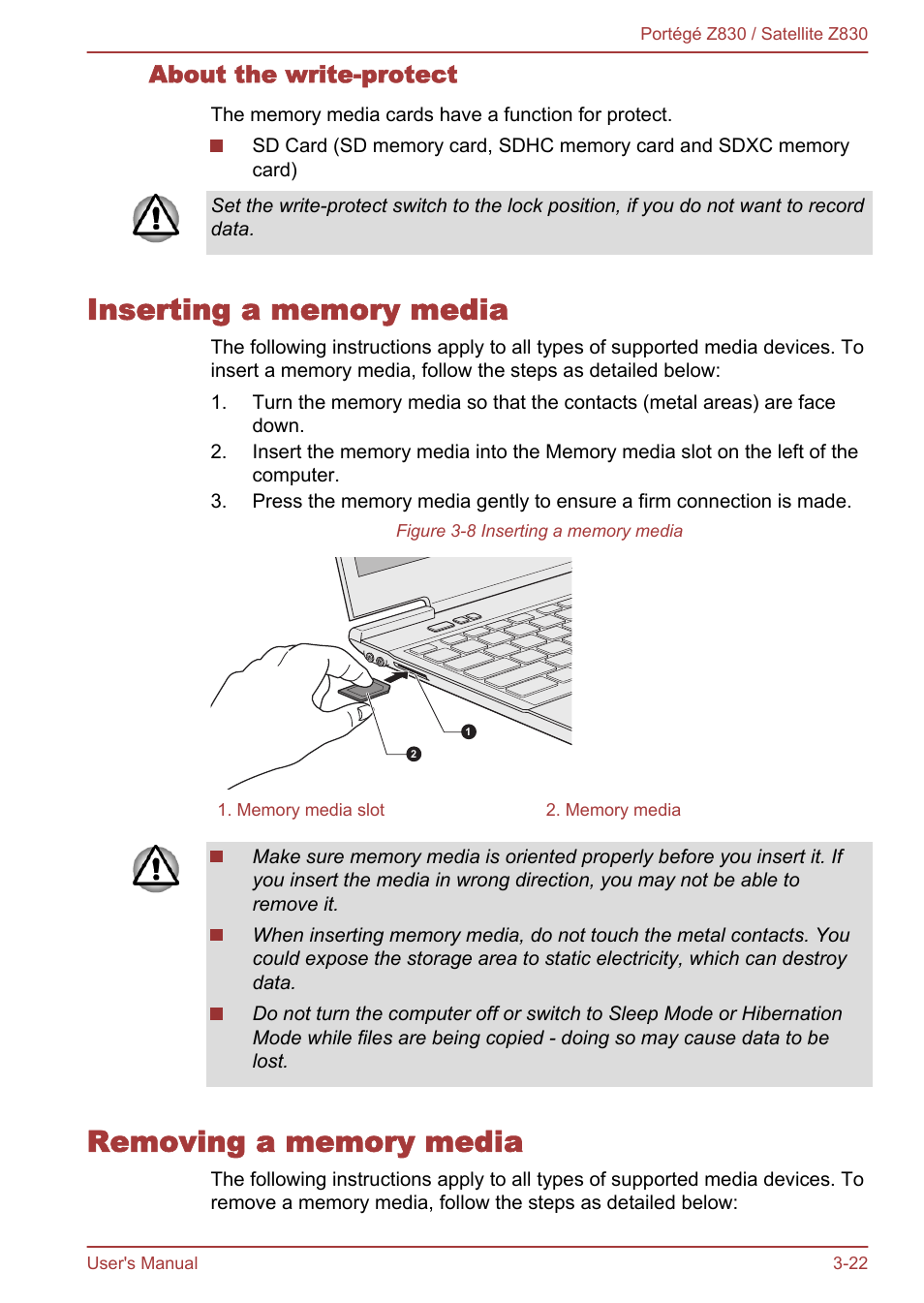 About the write-protect, Inserting a memory media, Removing a memory media | Toshiba Portege Z830 User Manual | Page 59 / 136