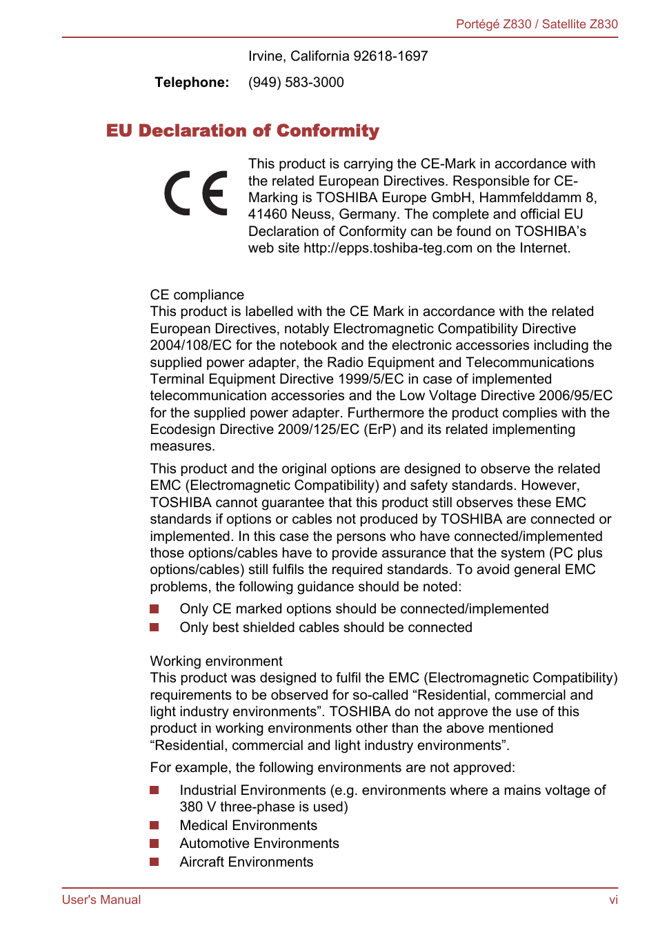 Eu declaration of conformity | Toshiba Portege Z830 User Manual | Page 6 / 136