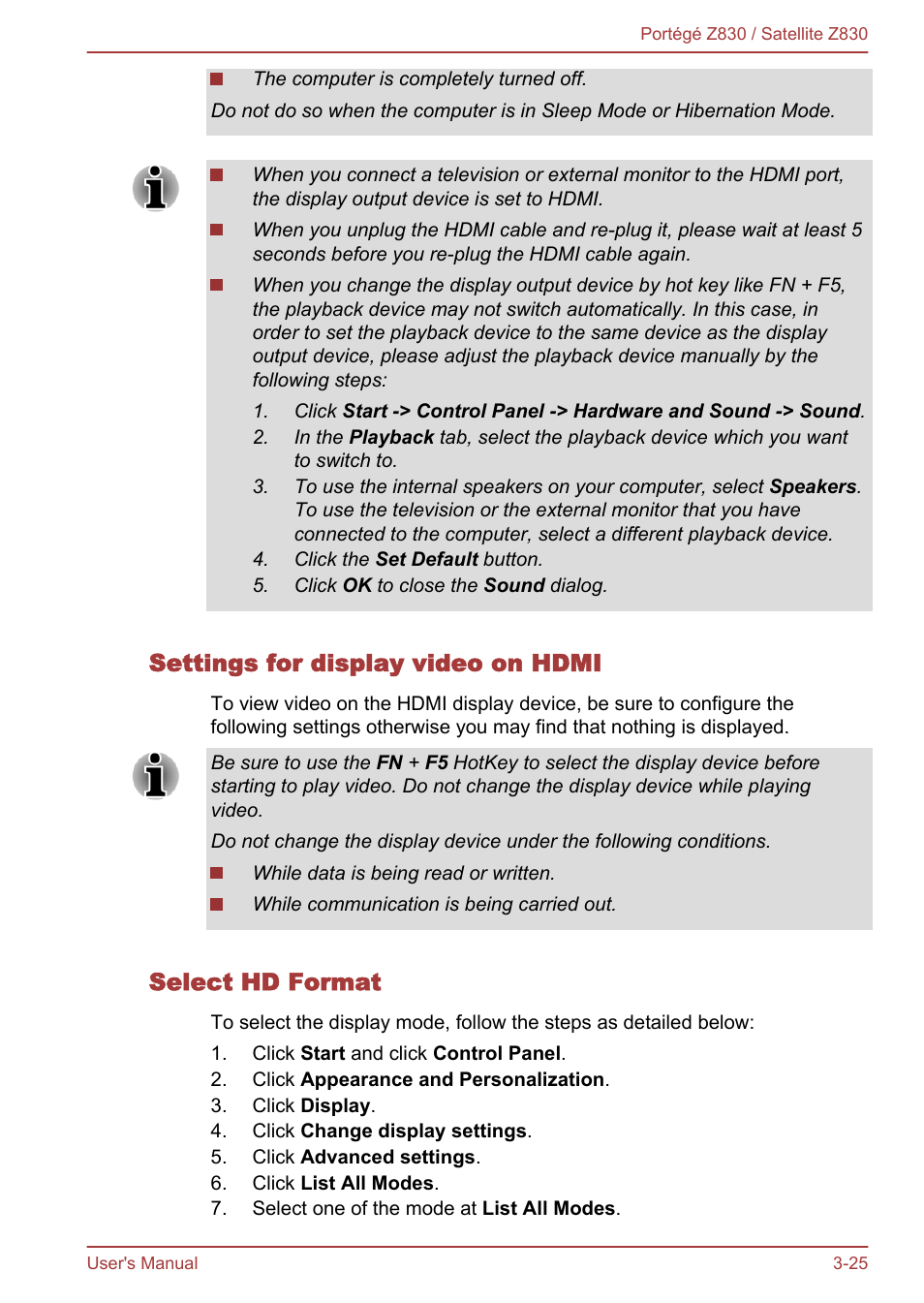 Settings for display video on hdmi, Select hd format | Toshiba Portege Z830 User Manual | Page 62 / 136