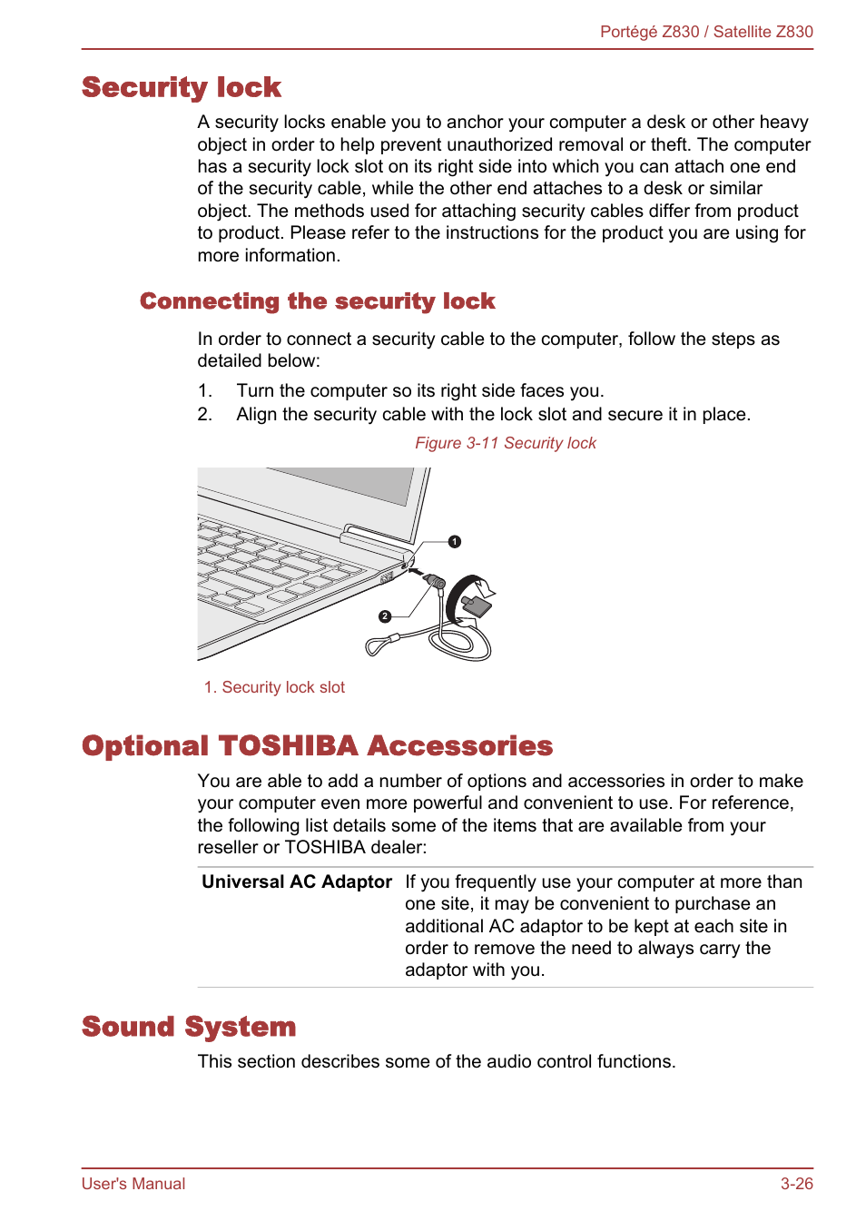 Security lock, Connecting the security lock, Optional toshiba accessories | Sound system, To the, Section in chapter 3 | Toshiba Portege Z830 User Manual | Page 63 / 136