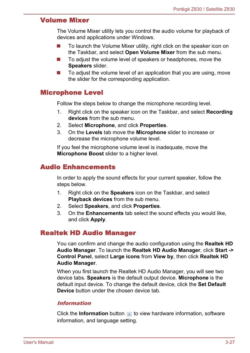 Volume mixer, Microphone level, Audio enhancements | Realtek hd audio manager | Toshiba Portege Z830 User Manual | Page 64 / 136