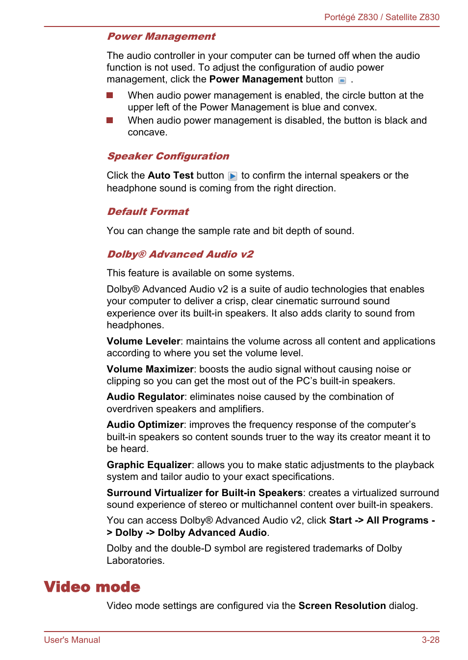 Video mode, Video mode -28 | Toshiba Portege Z830 User Manual | Page 65 / 136