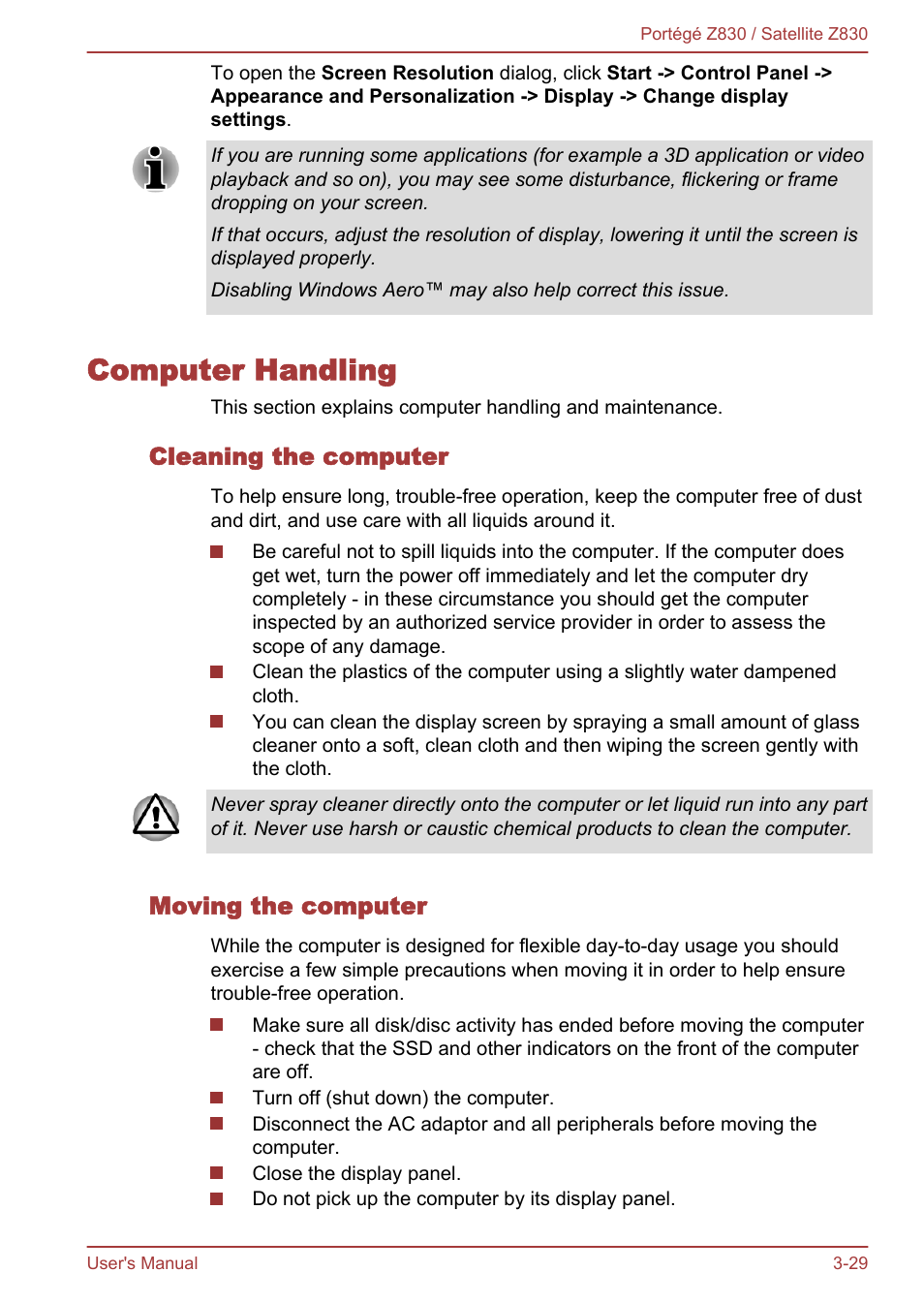 Computer handling, Cleaning the computer, Moving the computer | Computer handling -29 | Toshiba Portege Z830 User Manual | Page 66 / 136