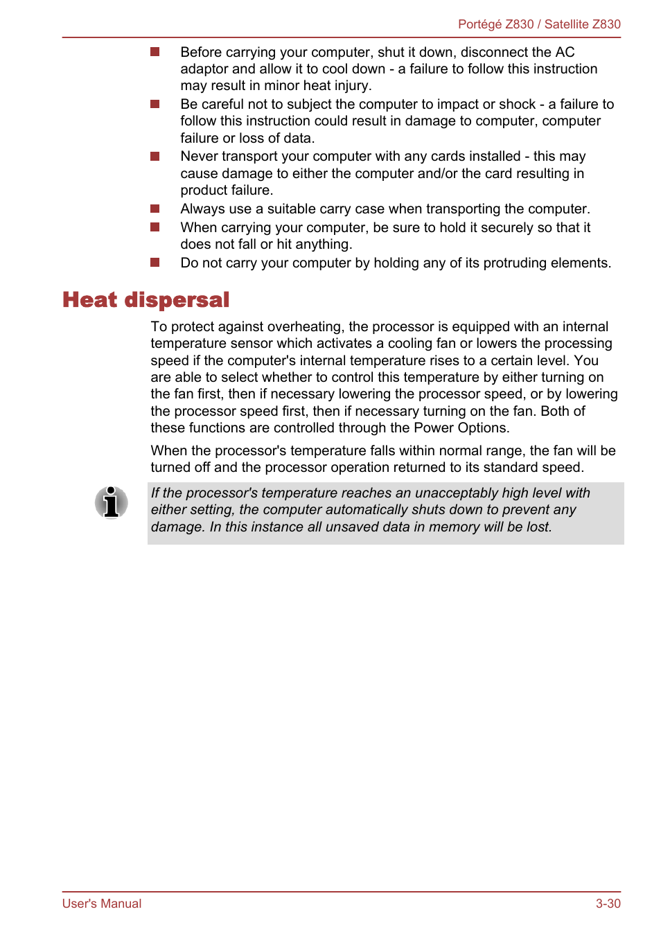 Heat dispersal, Heat dispersal -30 | Toshiba Portege Z830 User Manual | Page 67 / 136