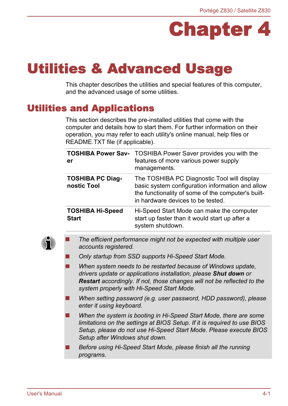 Chapter 4 utilities & advanced usage, Utilities and applications, Chapter 4 | Utilities & advanced usage, Utilities and applications -1 | Toshiba Portege Z830 User Manual | Page 68 / 136