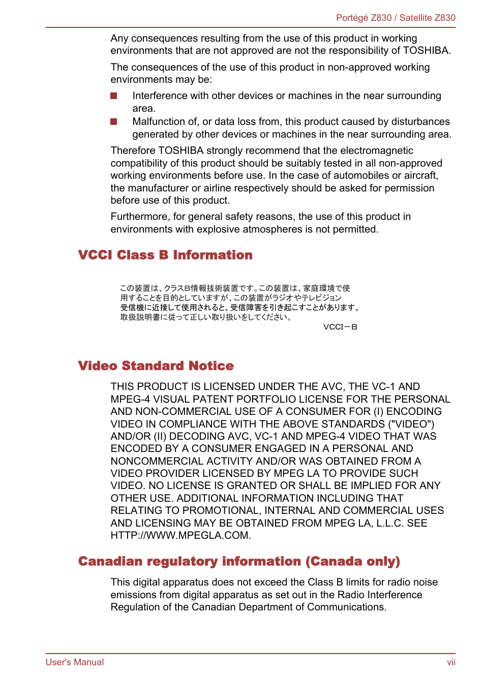 Vcci class b information, Video standard notice, Canadian regulatory information (canada only) | Toshiba Portege Z830 User Manual | Page 7 / 136