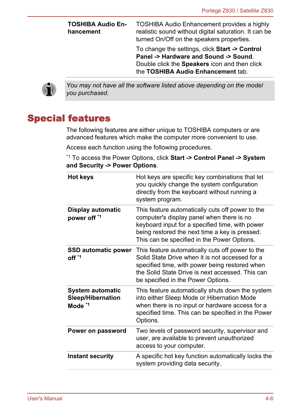 Special features, Special features -6 | Toshiba Portege Z830 User Manual | Page 73 / 136