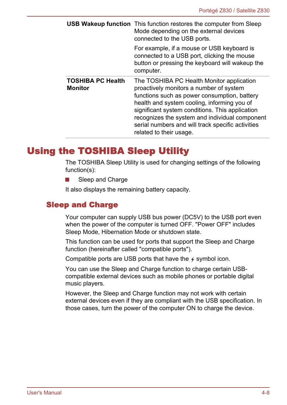 Using the toshiba sleep utility, Sleep and charge, Using the toshiba sleep utility -8 | Toshiba Portege Z830 User Manual | Page 75 / 136