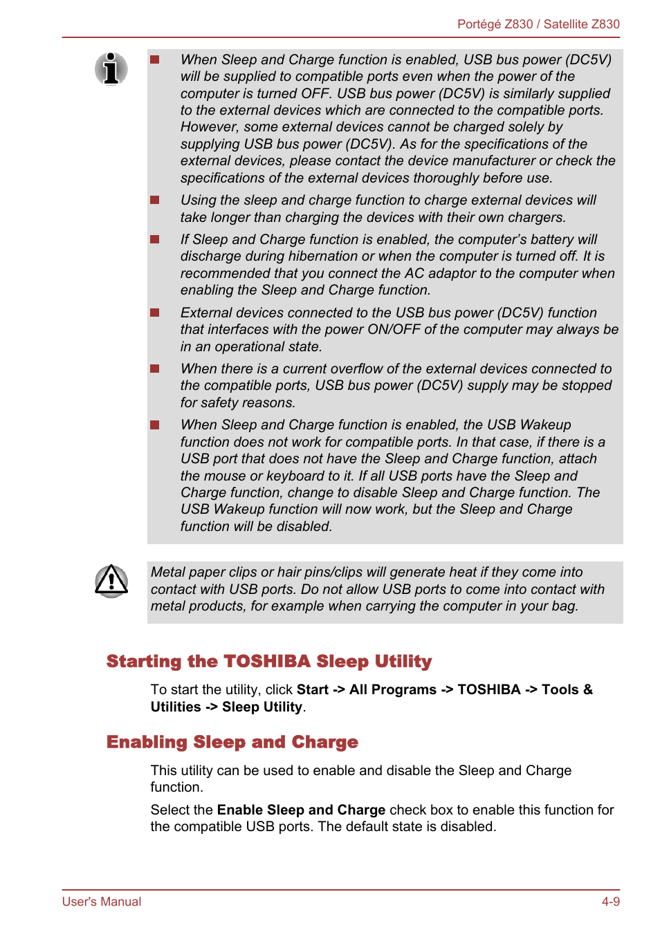 Starting the toshiba sleep utility, Enabling sleep and charge | Toshiba Portege Z830 User Manual | Page 76 / 136