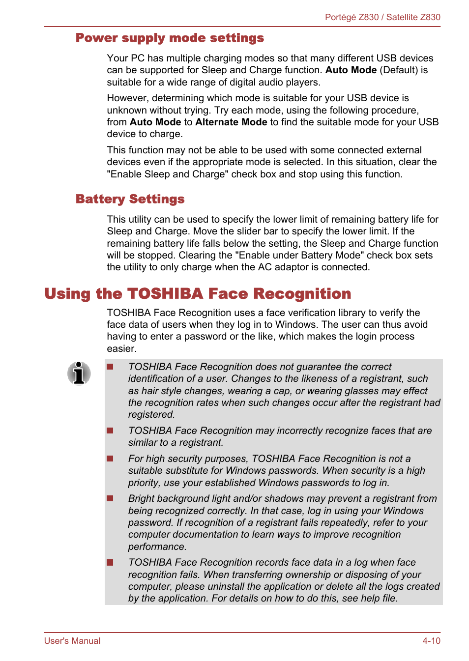 Power supply mode settings, Battery settings, Using the toshiba face recognition | Using the toshiba face recognition -10, For more information, please refer to the, Using, The toshiba face recognition, Section | Toshiba Portege Z830 User Manual | Page 77 / 136