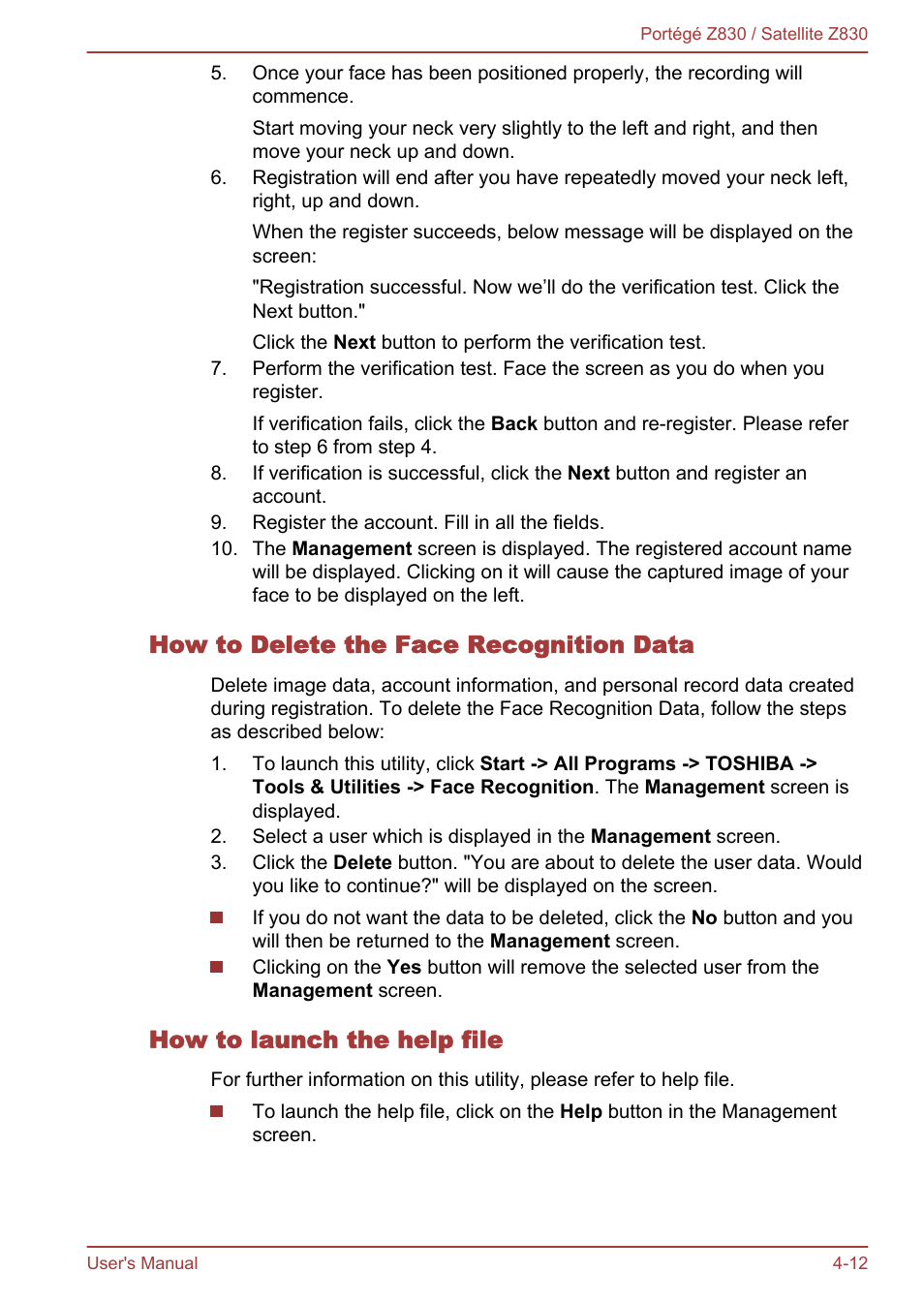 How to delete the face recognition data, How to launch the help file | Toshiba Portege Z830 User Manual | Page 79 / 136