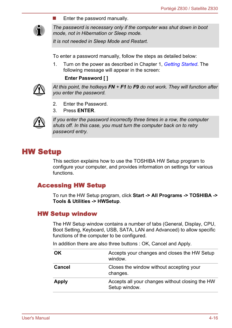 Hw setup, Accessing hw setup, Hw setup window | Hw setup -16 | Toshiba Portege Z830 User Manual | Page 83 / 136