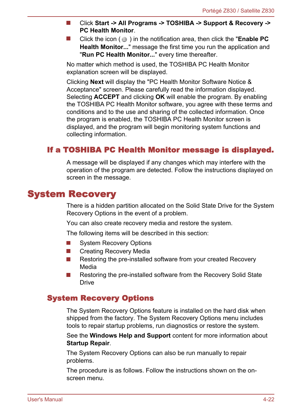 System recovery, System recovery options, System recovery -22 | Toshiba Portege Z830 User Manual | Page 89 / 136
