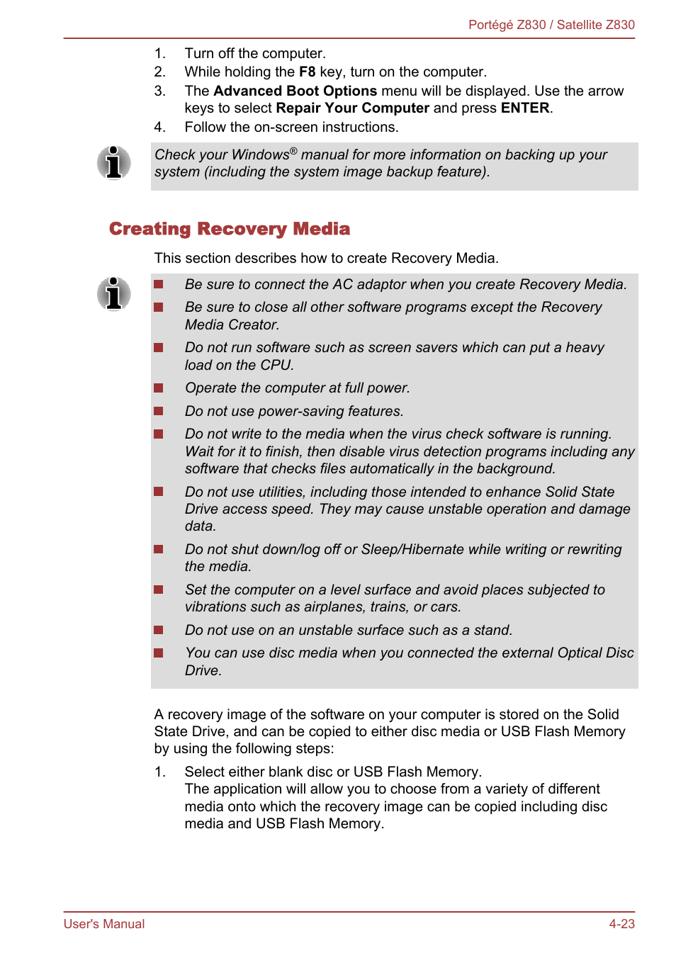 Creating recovery media | Toshiba Portege Z830 User Manual | Page 90 / 136