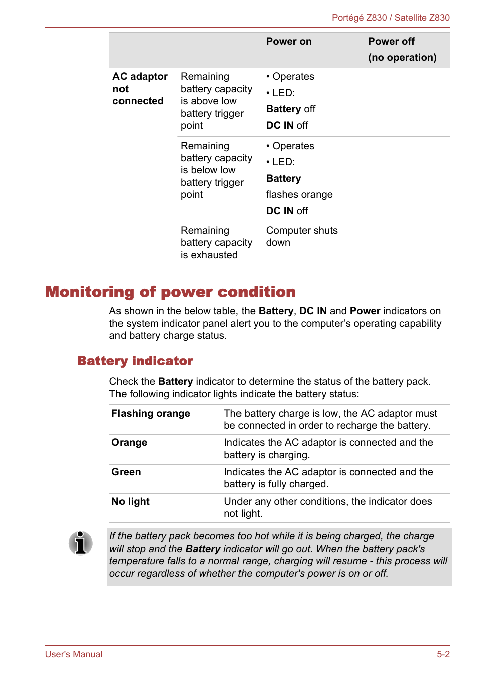 Monitoring of power condition, Battery indicator, Monitoring of power condition -2 | Toshiba Portege Z830 User Manual | Page 95 / 136