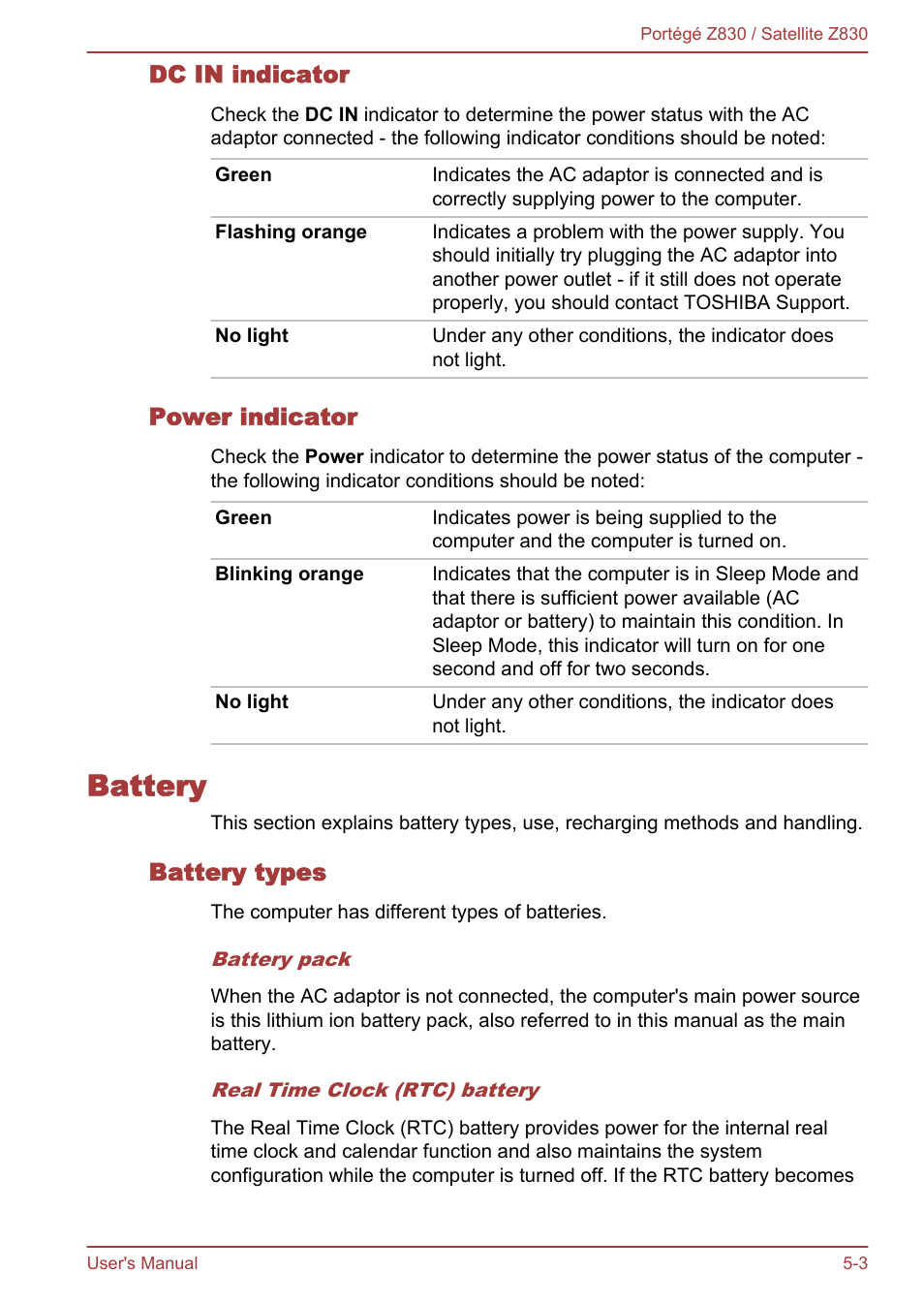 Dc in indicator, Power indicator, Battery | Battery types, Battery -3 | Toshiba Portege Z830 User Manual | Page 96 / 136