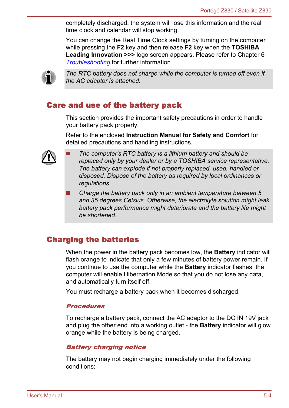 Care and use of the battery pack, Charging the batteries | Toshiba Portege Z830 User Manual | Page 97 / 136