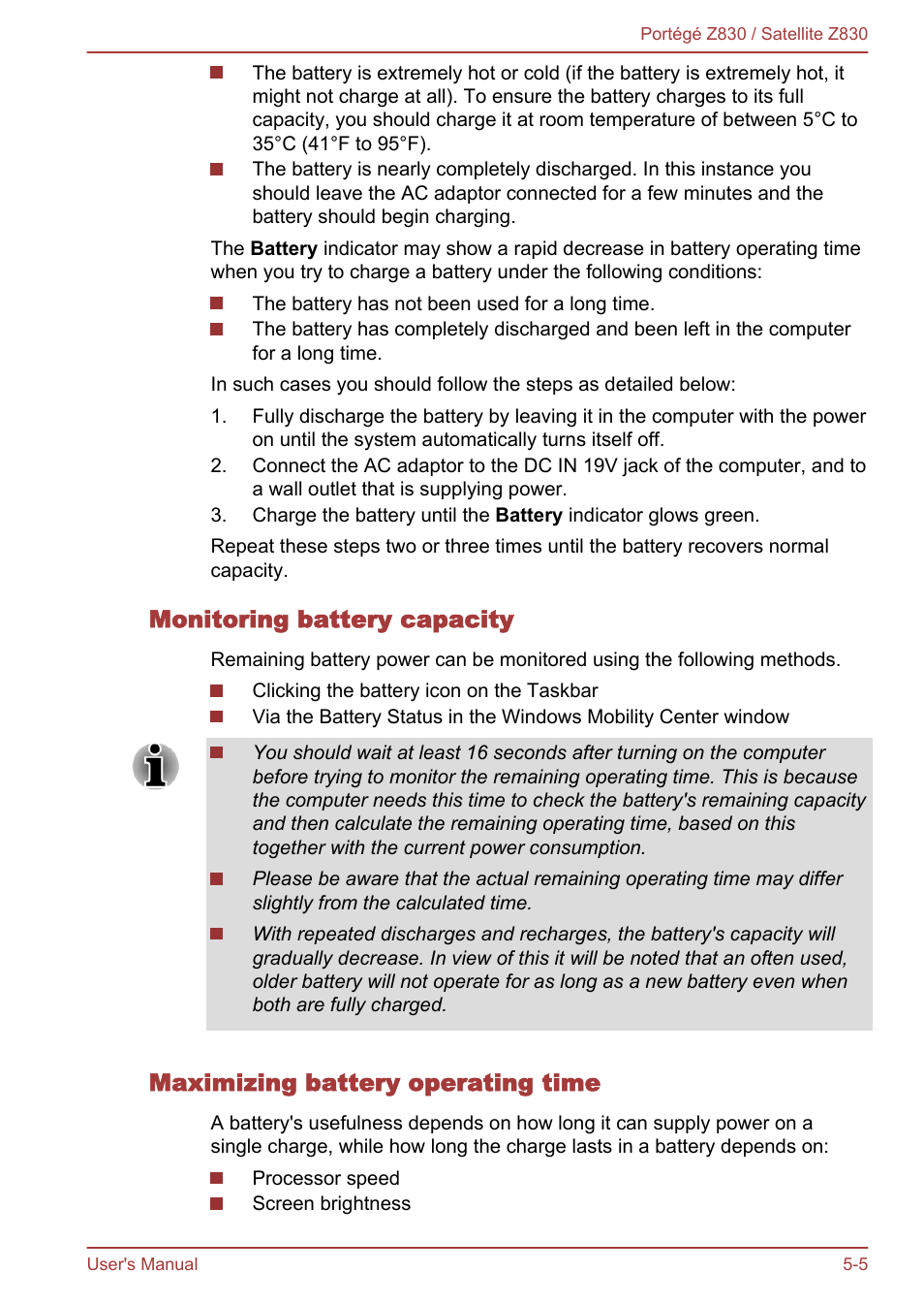 Monitoring battery capacity, Maximizing battery operating time | Toshiba Portege Z830 User Manual | Page 98 / 136