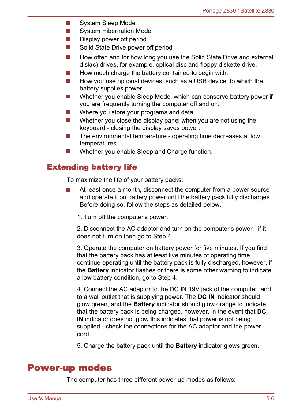 Extending battery life, Power-up modes, Power-up modes -6 | Toshiba Portege Z830 User Manual | Page 99 / 136