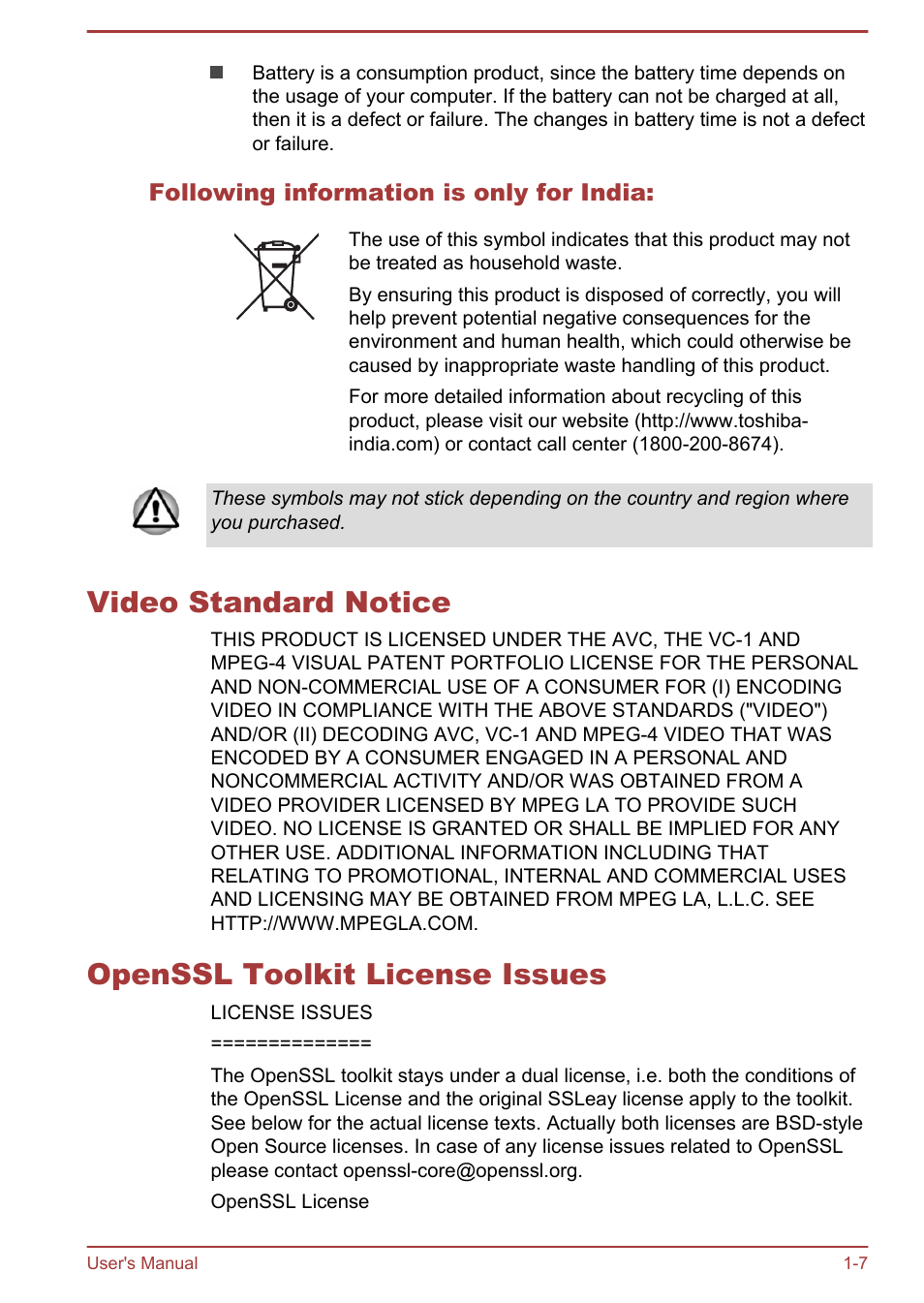 Following information is only for india, Video standard notice, Openssl toolkit license issues | Toshiba Satellite C50DT-A User Manual | Page 10 / 141