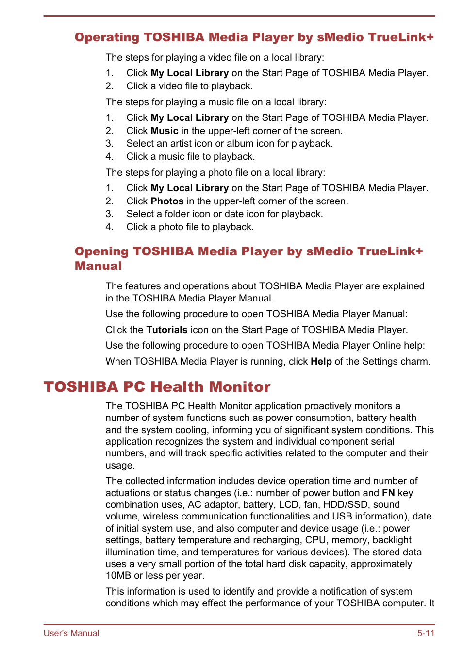 Operating toshiba media player by smedio truelink, Toshiba pc health monitor, Toshiba pc health monitor -11 | Toshiba Satellite C50DT-A User Manual | Page 100 / 141