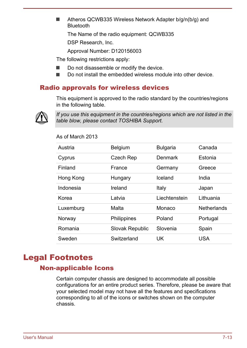 Radio approvals for wireless devices, Legal footnotes, Non-applicable icons | Legal footnotes -13, Legal, Footnotes, Section | Toshiba Satellite C50DT-A User Manual | Page 133 / 141