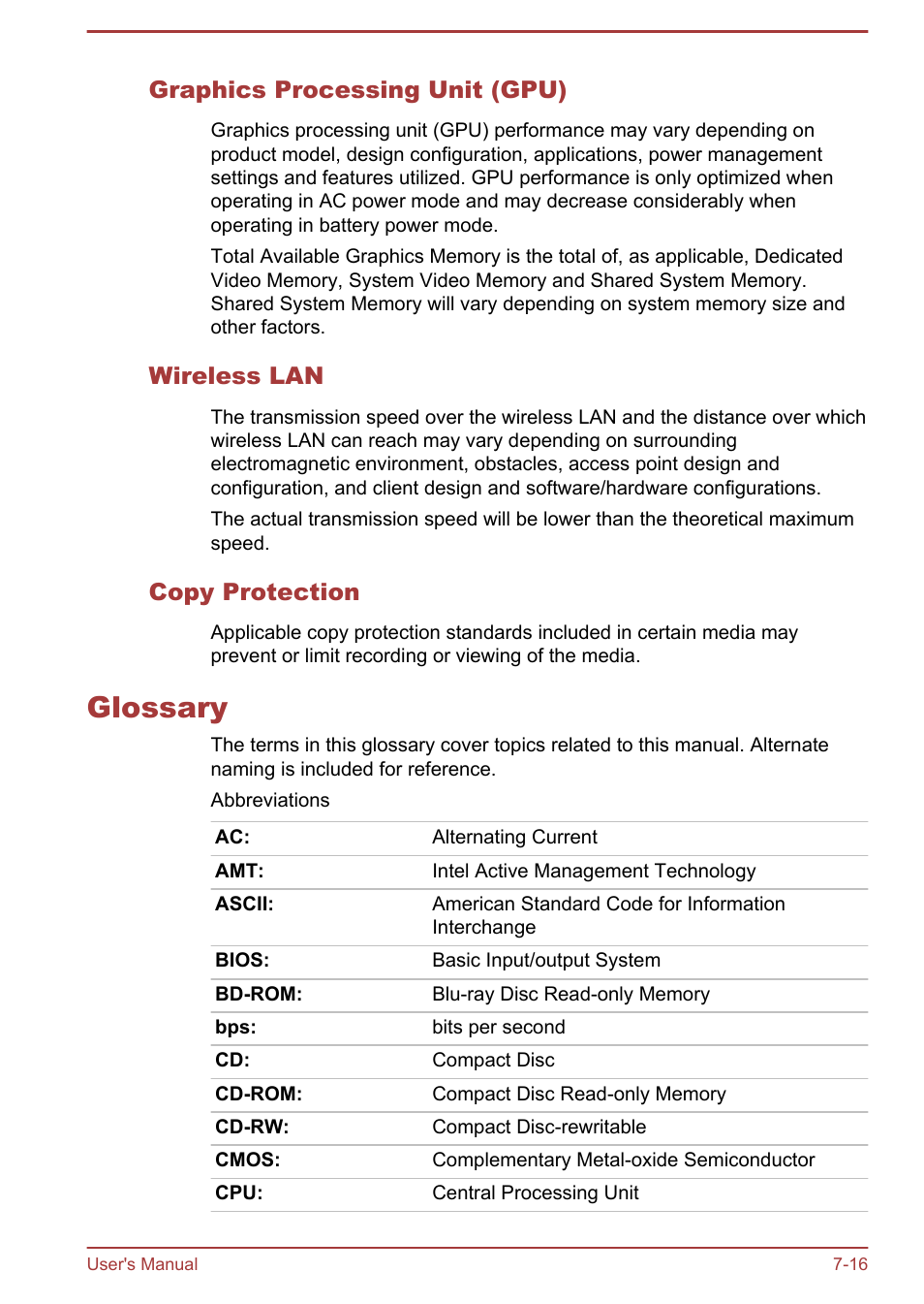 Graphics processing unit (gpu), Wireless lan, Copy protection | Glossary, Glossary -16 | Toshiba Satellite C50DT-A User Manual | Page 136 / 141