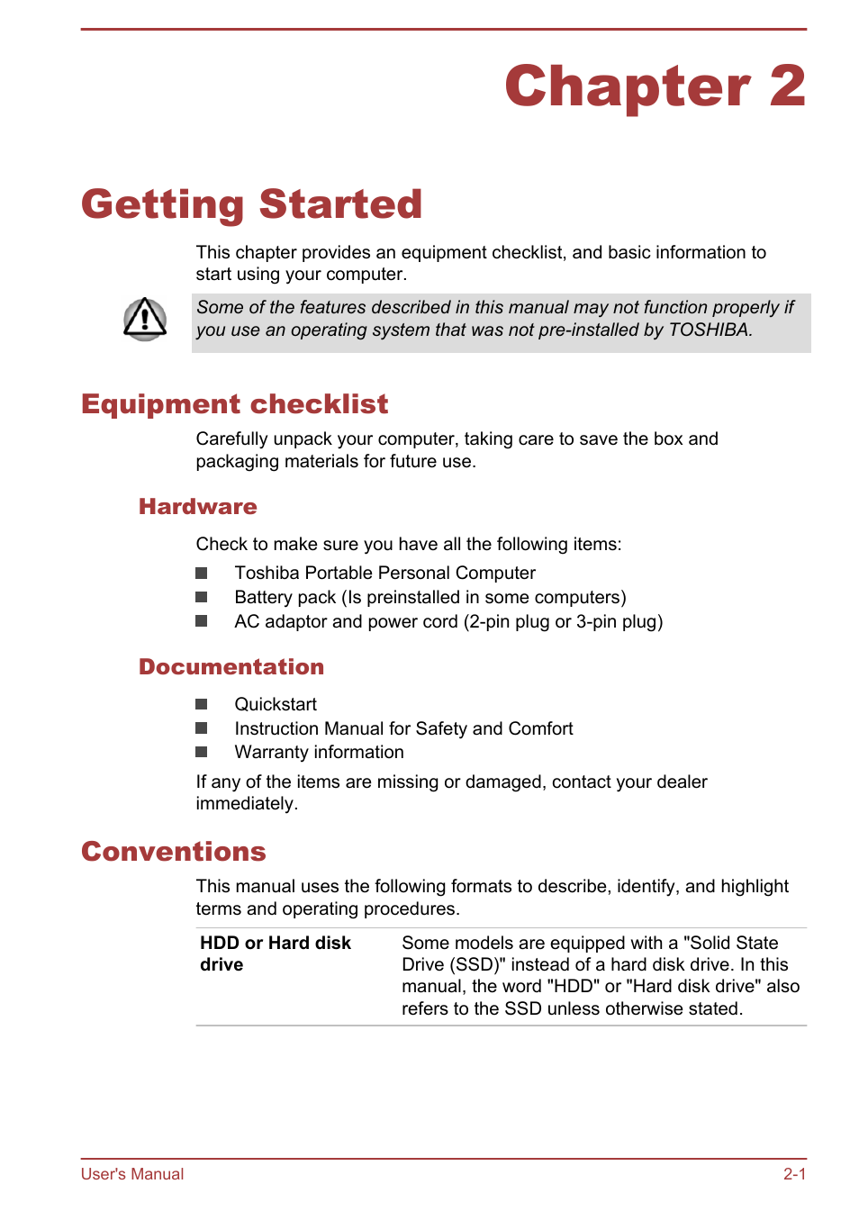 Chapter 2 getting started, Equipment checklist, Hardware | Documentation, Conventions, Chapter 2, Getting started, Equipment checklist -1 conventions -1 | Toshiba Satellite C50DT-A User Manual | Page 19 / 141