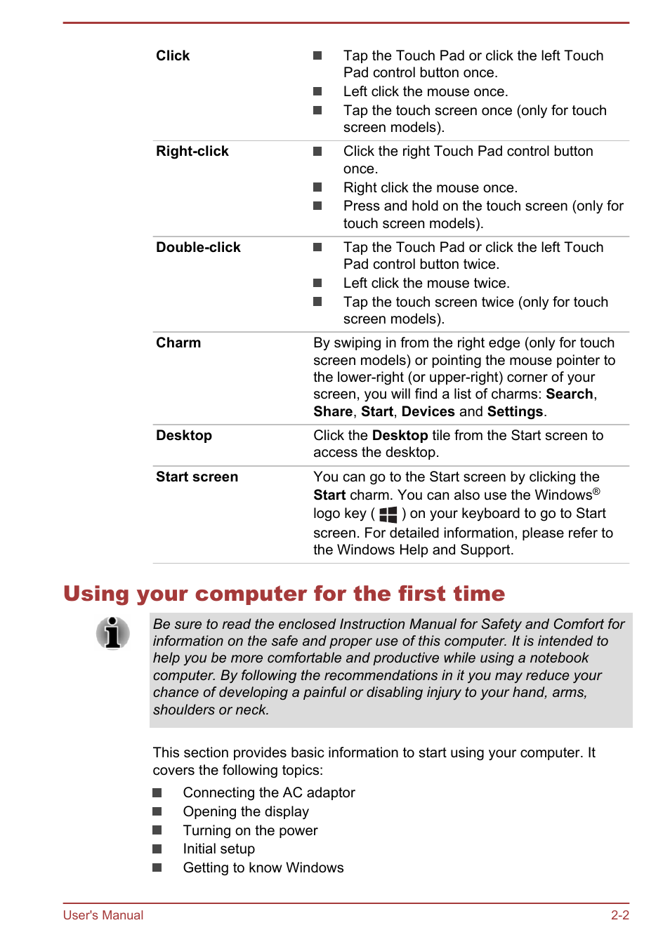 Using your computer for the first time, Using your computer for the first time -2 | Toshiba Satellite C50DT-A User Manual | Page 20 / 141