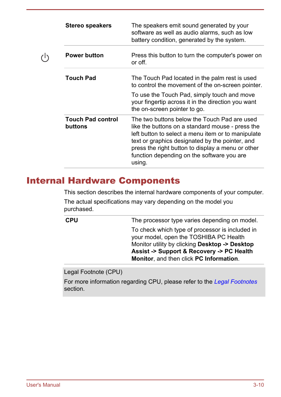 Internal hardware components, Internal hardware components -10 | Toshiba Satellite C50DT-A User Manual | Page 40 / 141