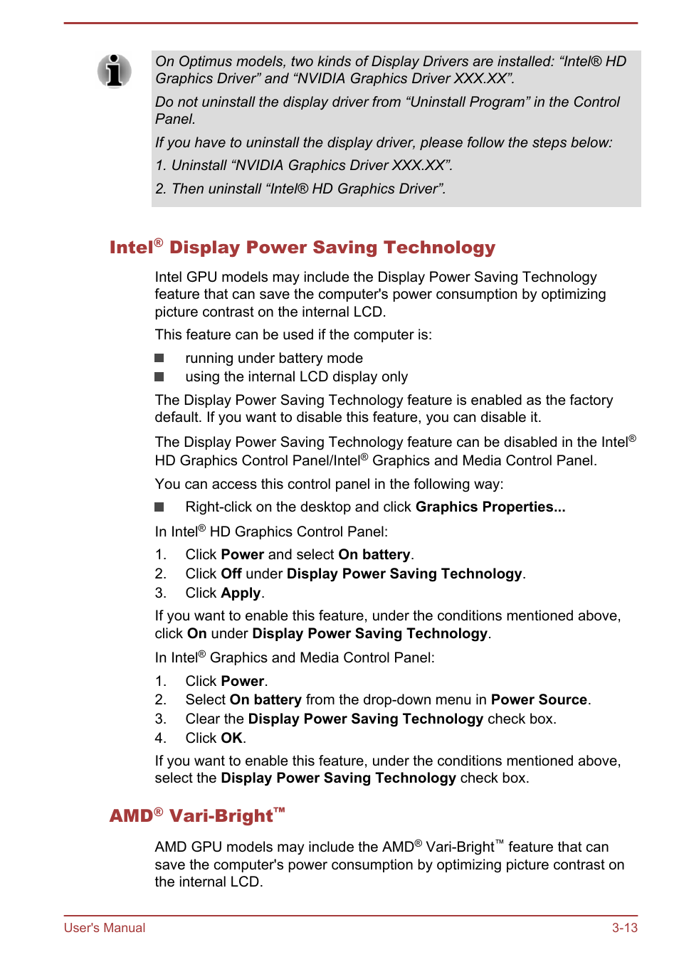 Intel® display power saving technology, Amd® vari-bright, Intel | Display power saving technology, Vari-bright | Toshiba Satellite C50DT-A User Manual | Page 43 / 141