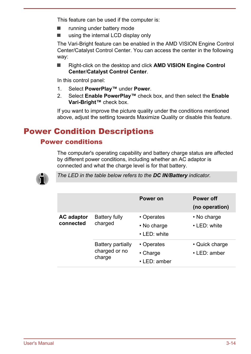 Power condition descriptions, Power conditions, Power condition descriptions -14 | Toshiba Satellite C50DT-A User Manual | Page 44 / 141
