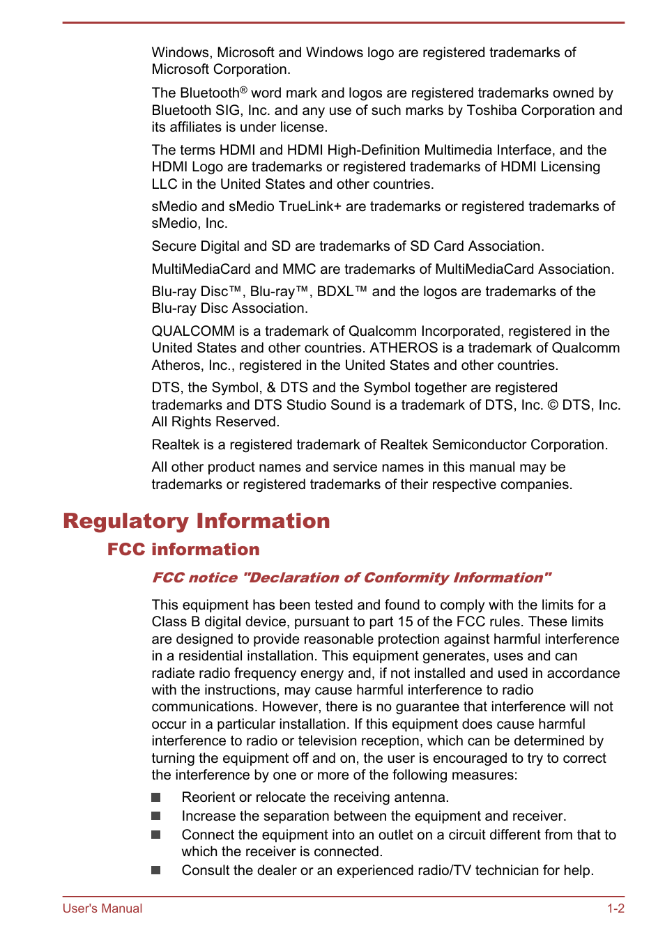 Regulatory information, Fcc information, Regulatory information -2 | Toshiba Satellite C50DT-A User Manual | Page 5 / 141