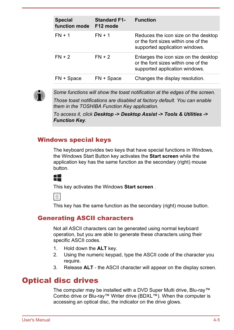 Windows special keys, Generating ascii characters, Optical disc drives | Optical disc drives -5 | Toshiba Satellite C50DT-A User Manual | Page 51 / 141