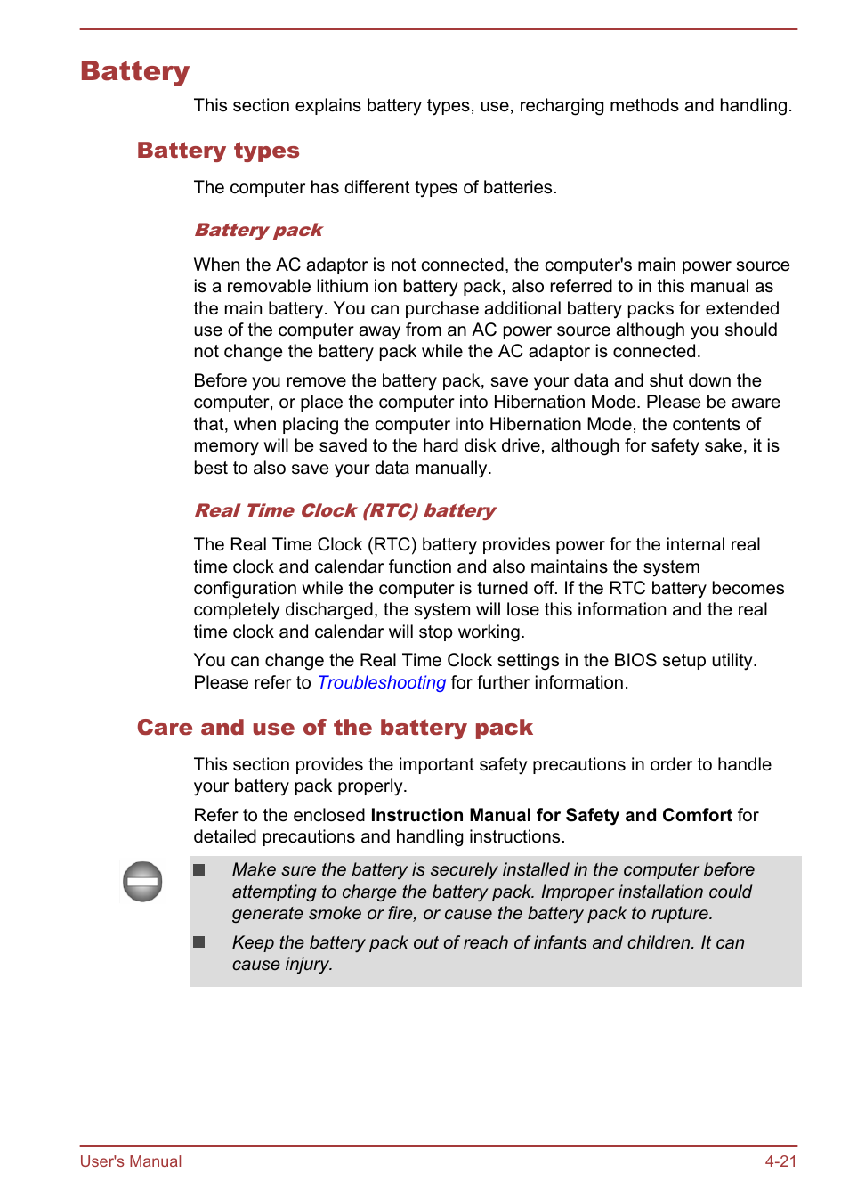 Battery, Battery types, Care and use of the battery pack | Battery -21 | Toshiba Satellite C50DT-A User Manual | Page 67 / 141