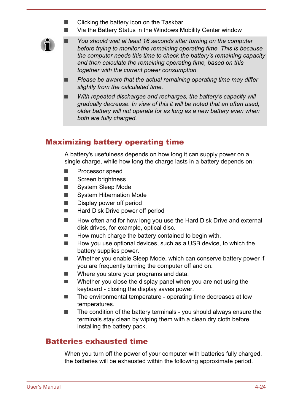 Maximizing battery operating time, Batteries exhausted time | Toshiba Satellite C50DT-A User Manual | Page 70 / 141
