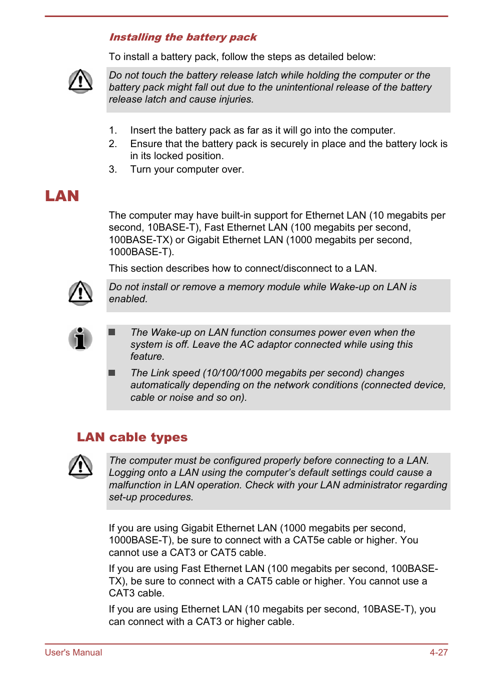 Lan cable types, Lan -27 | Toshiba Satellite C50DT-A User Manual | Page 73 / 141