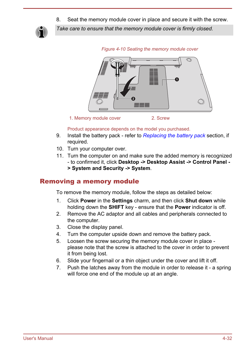 Removing a memory module | Toshiba Satellite C50DT-A User Manual | Page 78 / 141