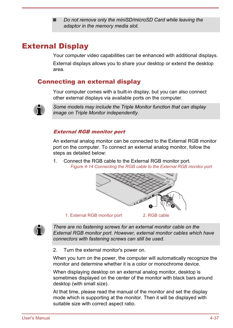 External display, Connecting an external display, External display -37 | Toshiba Satellite C50DT-A User Manual | Page 83 / 141