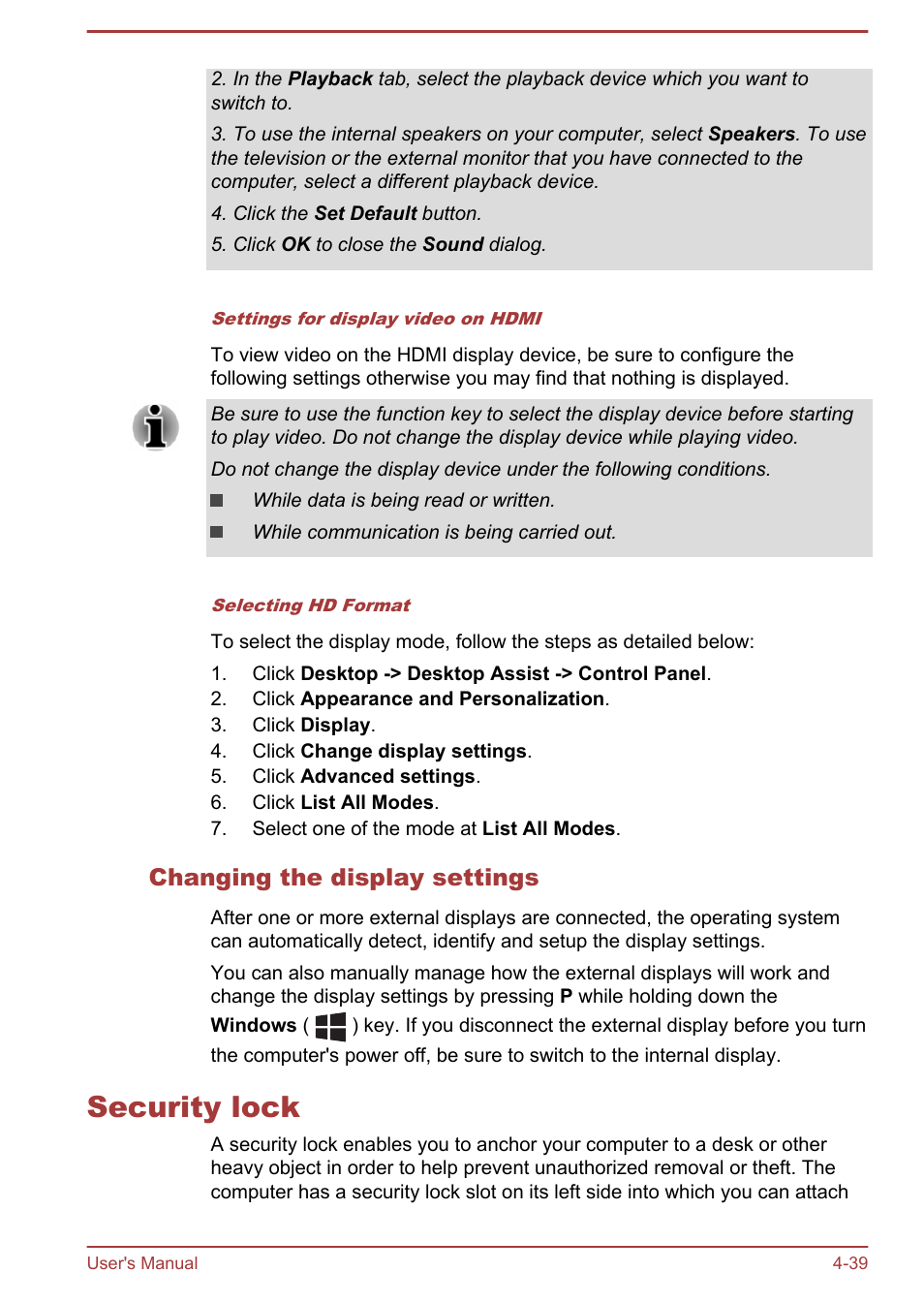 Changing the display settings, Security lock, Security lock -39 | Toshiba Satellite C50DT-A User Manual | Page 85 / 141