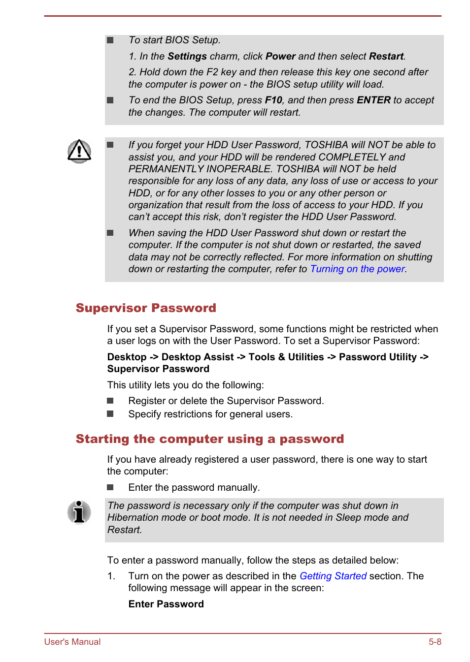 Supervisor password, Starting the computer using a password | Toshiba Satellite C50DT-A User Manual | Page 97 / 141