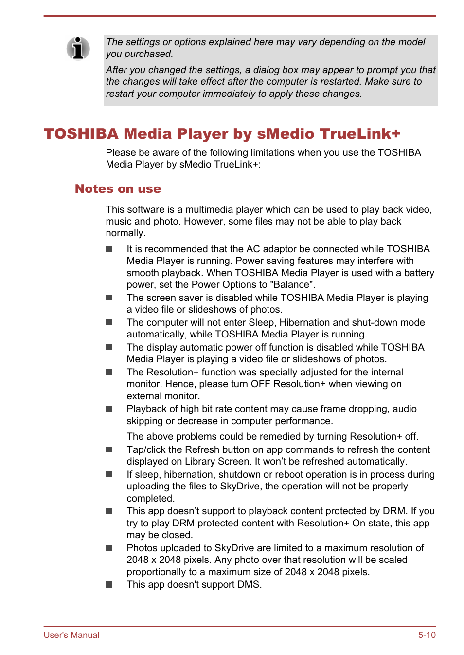 Toshiba media player by smedio truelink, Notes on use, Toshiba media player by smedio truelink+ -10 | Toshiba Satellite C50DT-A User Manual | Page 99 / 141