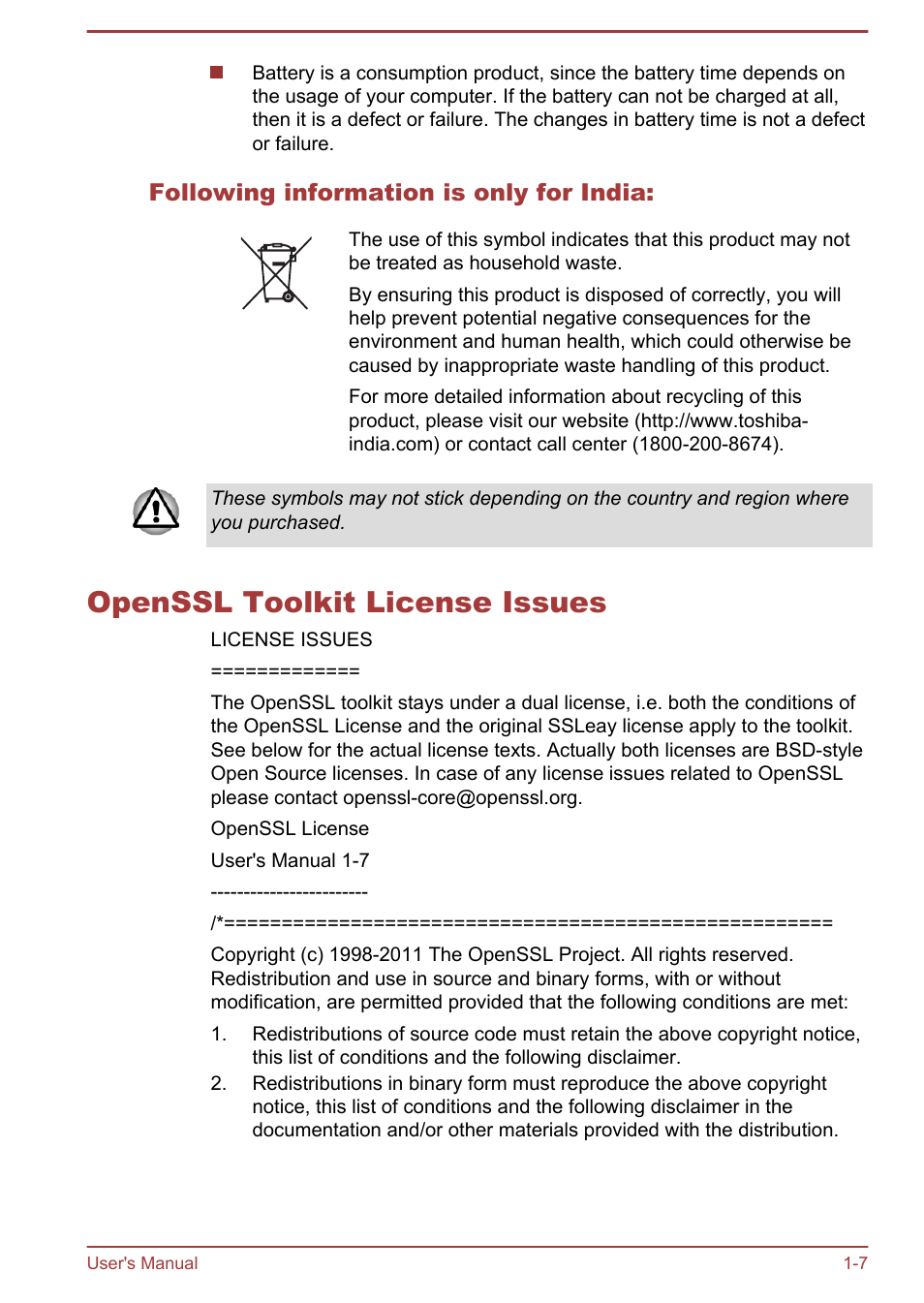 Following information is only for india, Openssl toolkit license issues, Openssl toolkit license issues -7 | Toshiba Satellite L855-B User Manual | Page 11 / 140