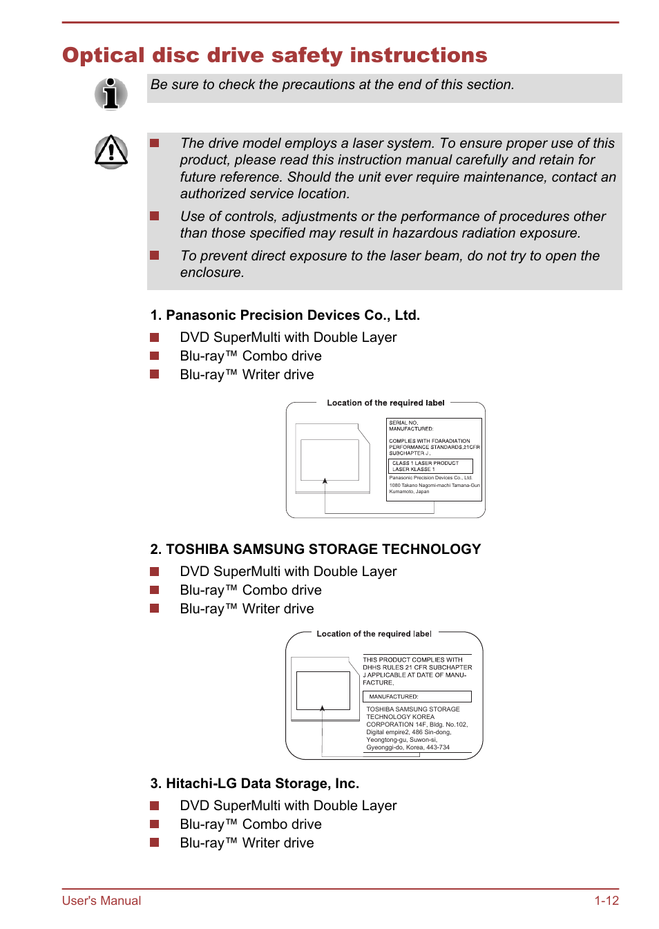 Optical disc drive safety instructions, Optical disc drive safety instructions -12 | Toshiba Satellite L855-B User Manual | Page 16 / 140